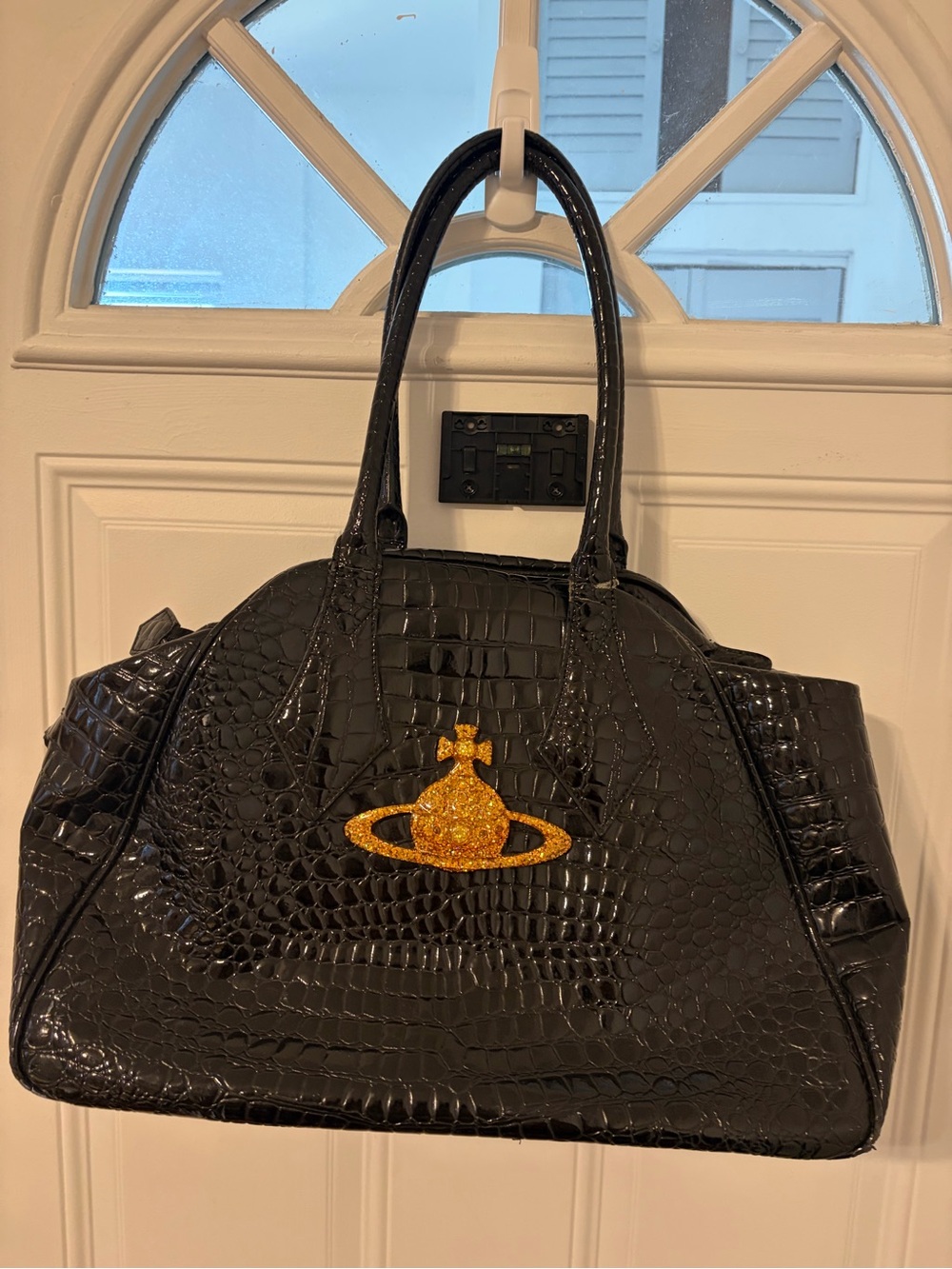 Vivienne Westwood Black Croc-Embossed Shoulder Bag large bowling bag